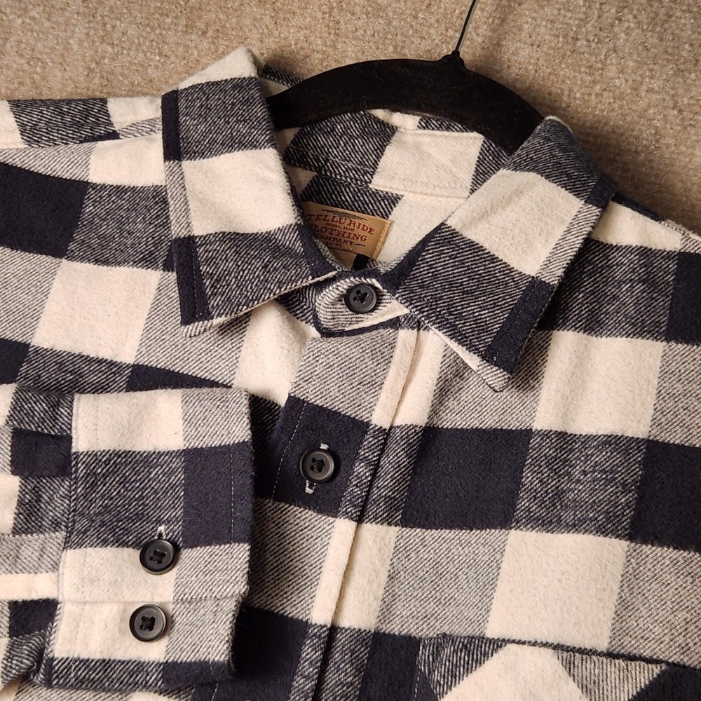 Telluride Clothing Co Flannel Shirt Mens Medium Black Cream Buffalo Plaid Pocket